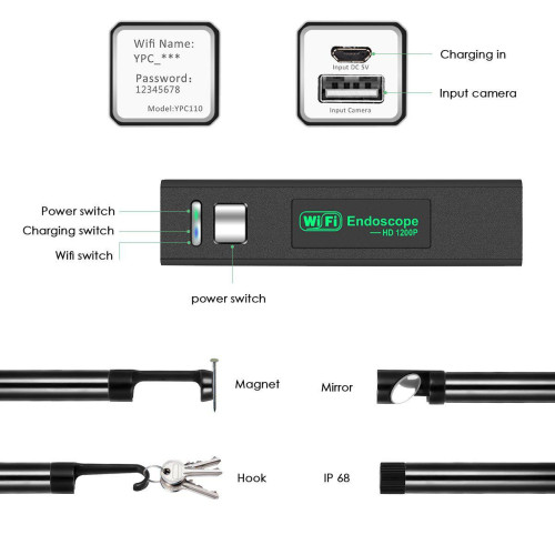 Эндоскоп WiFi HD 5м кабель 1600x1200 водонепроницаемый IP 68 Футляр