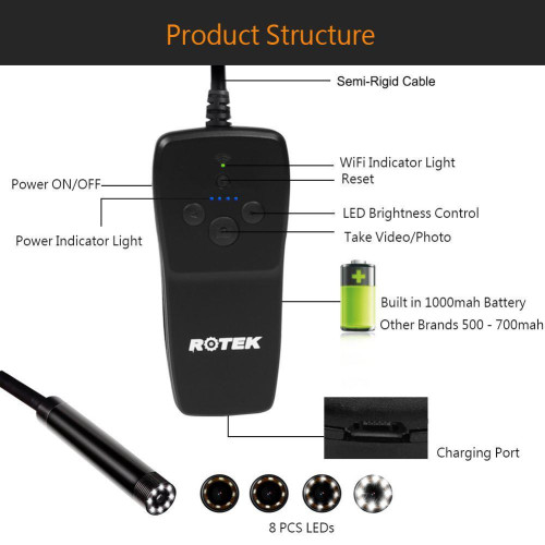 Эндоскоп ROTEK WiFi HD 5м кабель 1600x1200 водонепроницаемый IP 68 Футляр